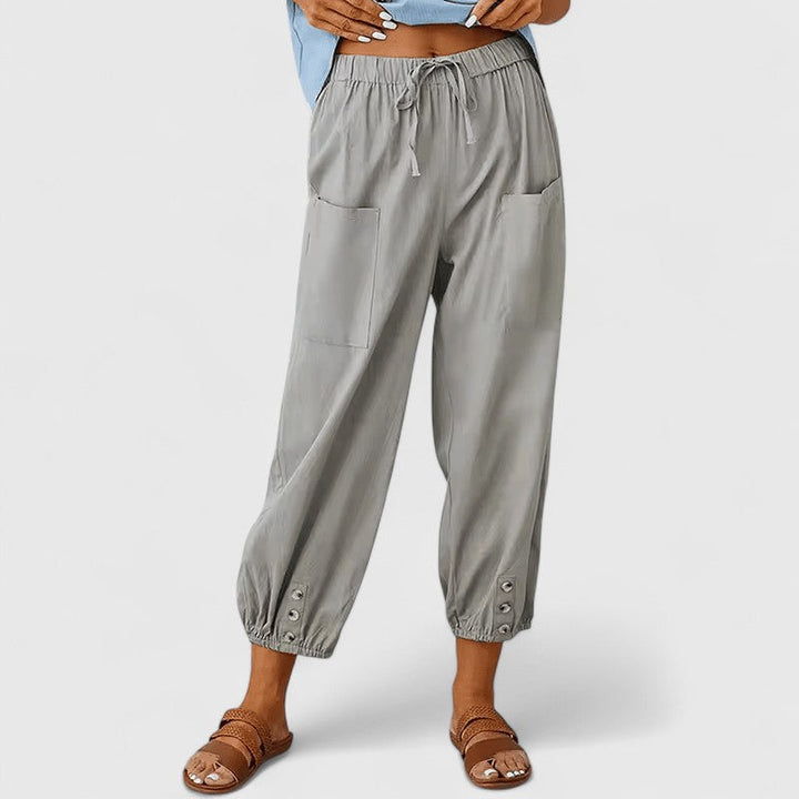 Relaxed Fit Cotton Linen Cropped Pants Button Hem Light Gray 1