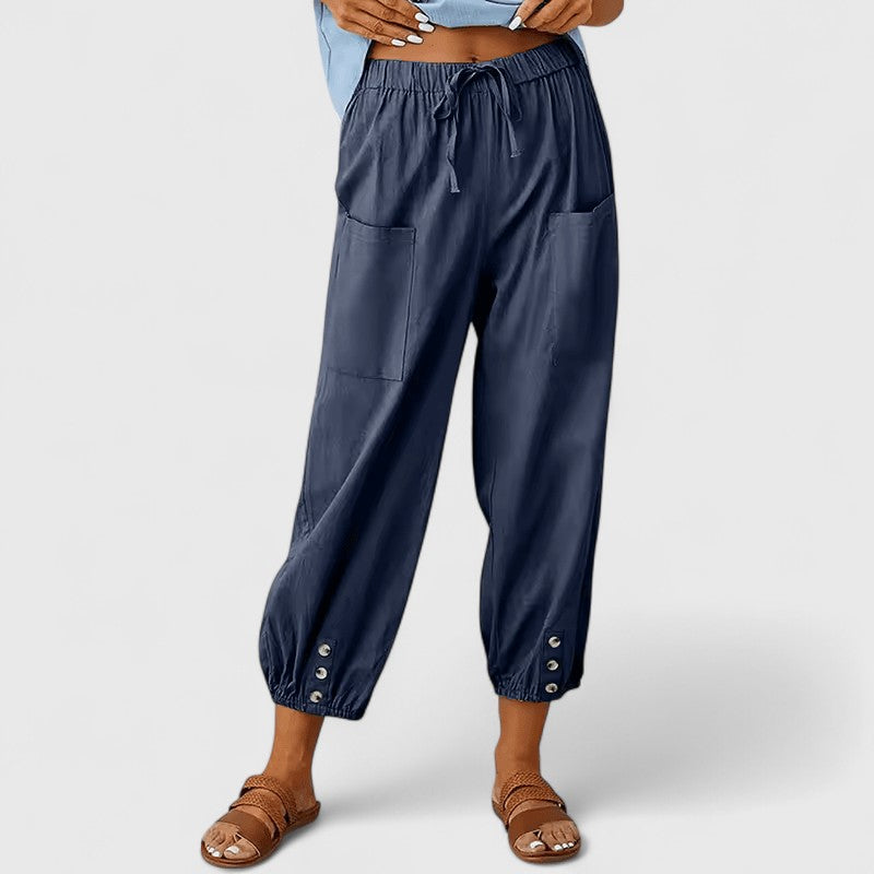 Relaxed Fit Cotton Linen Cropped Pants Button Hem Navy Blue 1