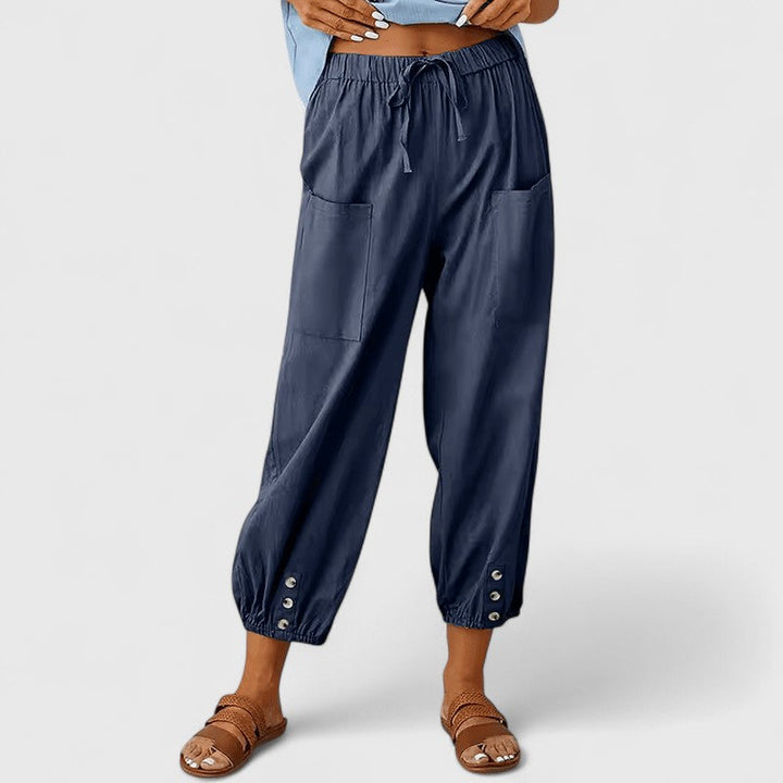 Relaxed Fit Cotton Linen Cropped Pants Button Hem Navy Blue 1