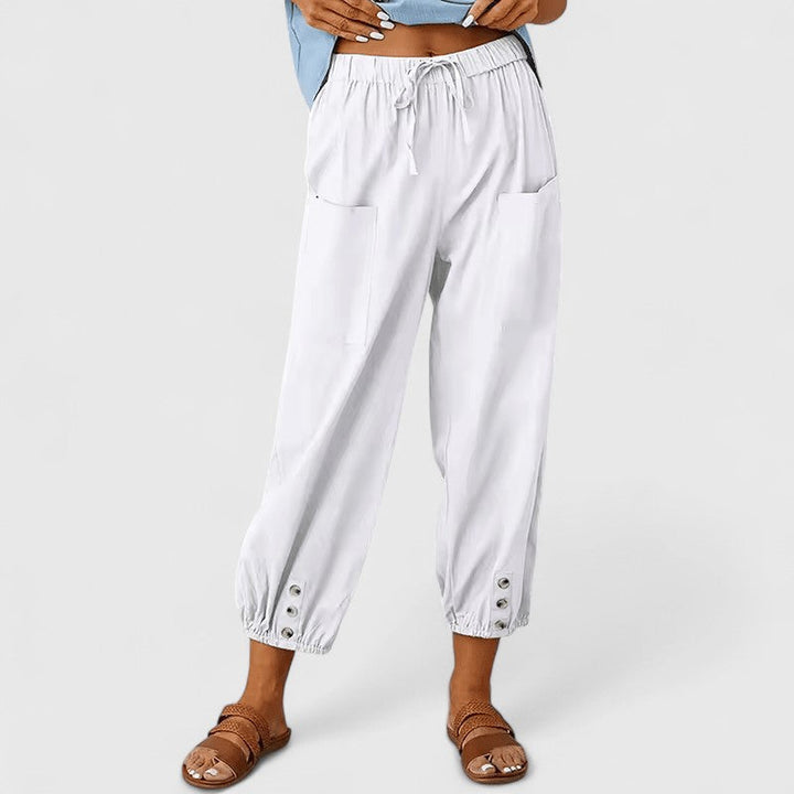 Relaxed Fit Cotton Linen Cropped Pants Button Hem White 1