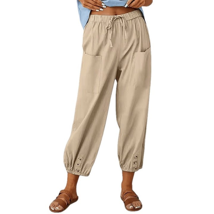 Relaxed Fit Cotton Linen Cropped Pants Button Hem on white