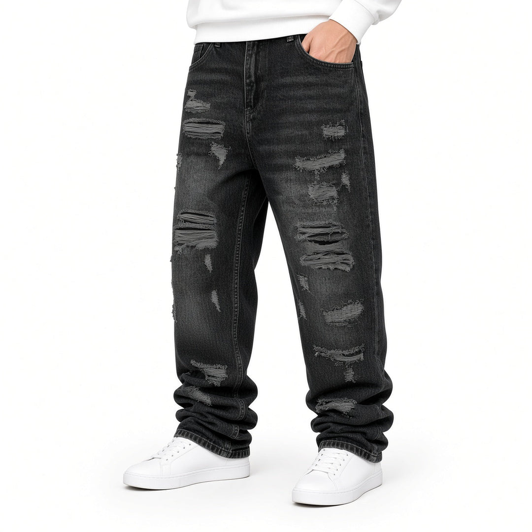 Relaxed Fit Distressed Wide Leg Jeans Black Black 1