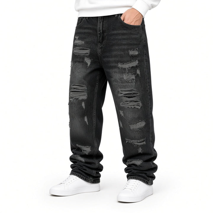 Relaxed Fit Distressed Wide Leg Jeans Black Black 1