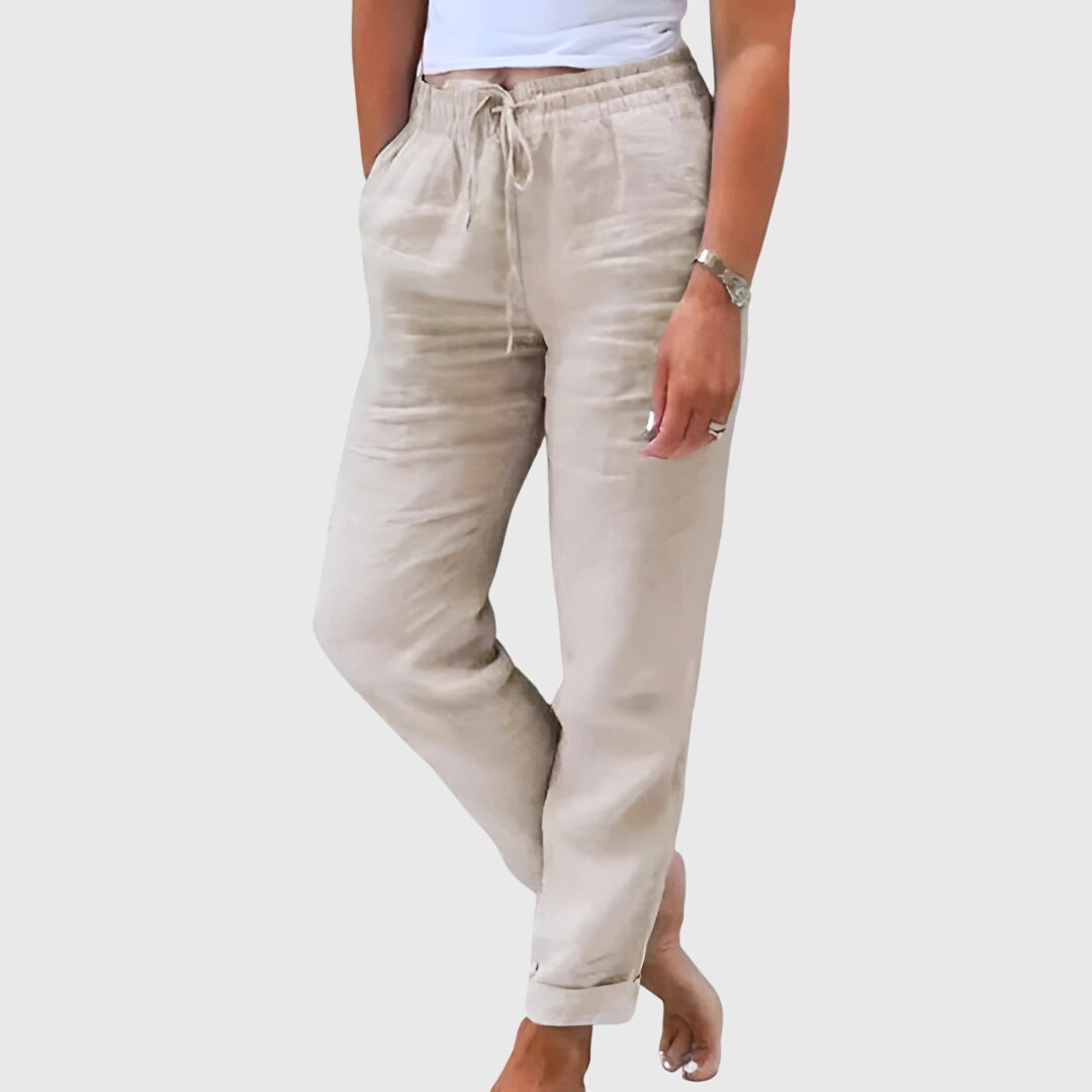 Relaxed Fit Elastic Waist Drawstring Straight Leg Pants Beige 1