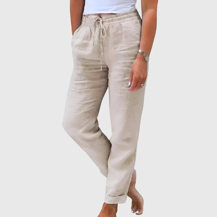 Relaxed Fit Elastic Waist Drawstring Straight Leg Pants Beige 1