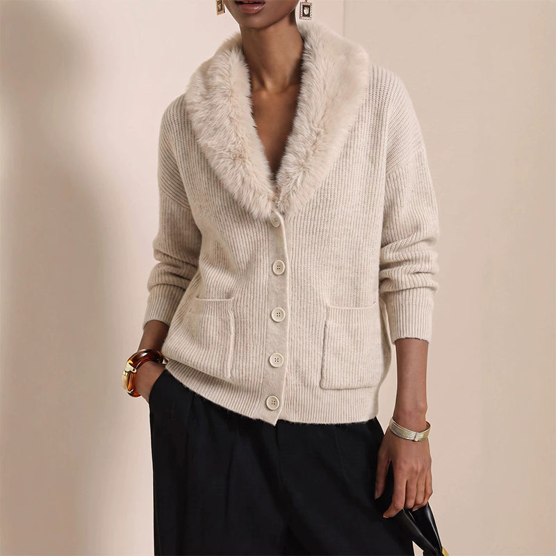Relaxed Fit Faux Fur Collar Button Knit Cardigan Beige 1