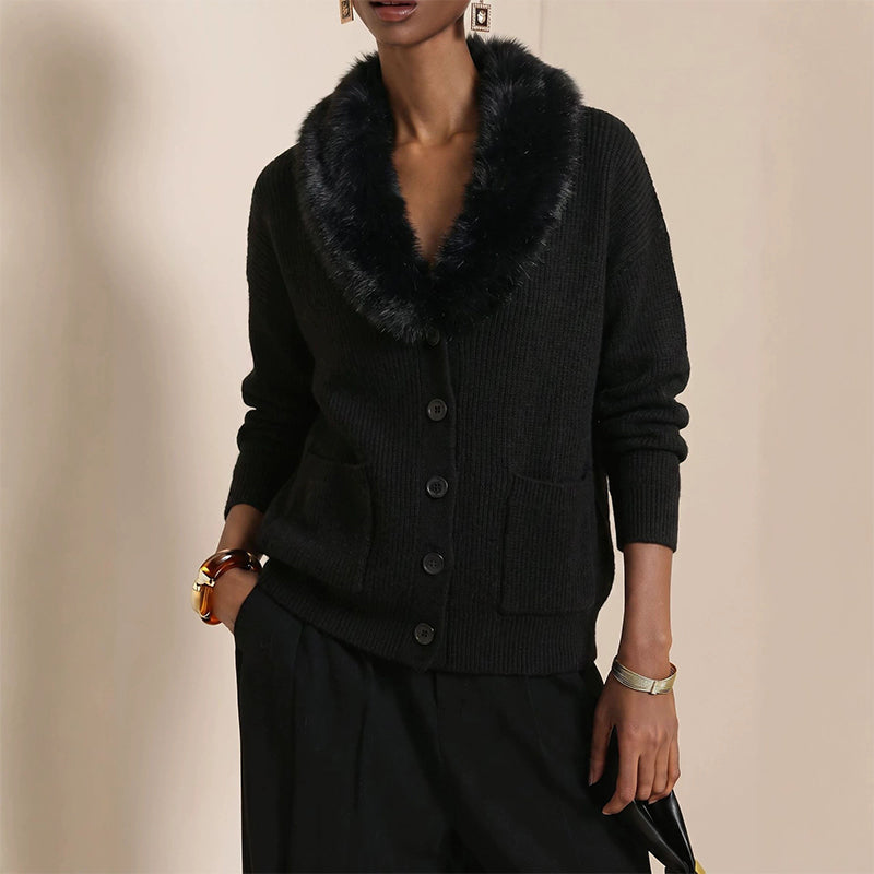 Relaxed Fit Faux Fur Collar Button Knit Cardigan Black 1