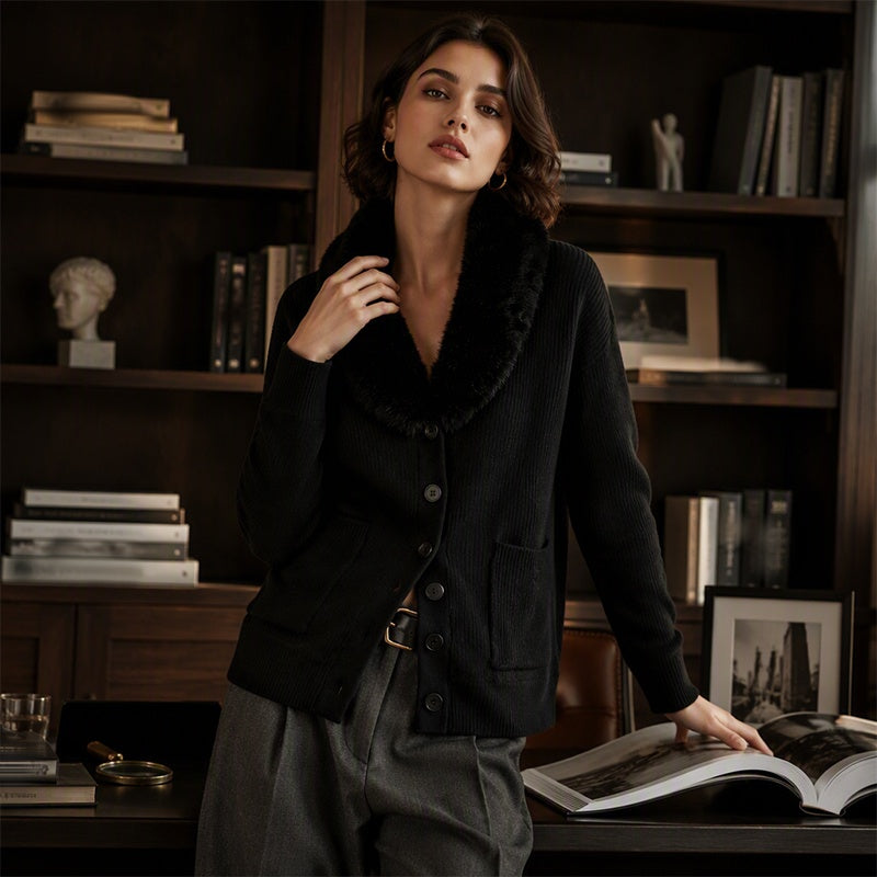 Relaxed Fit Faux Fur Collar Button Knit Cardigan Black 2