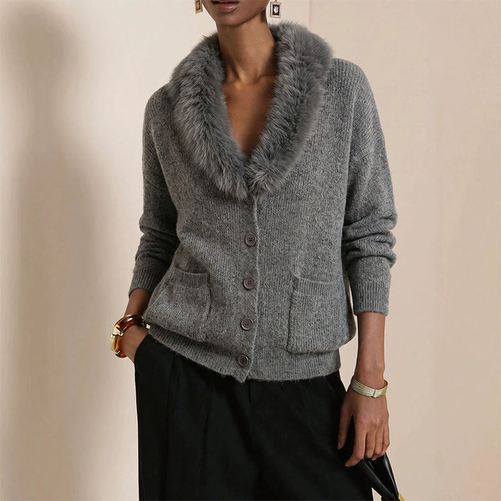 Relaxed Fit Faux Fur Collar Button Knit Cardigan Gray 1