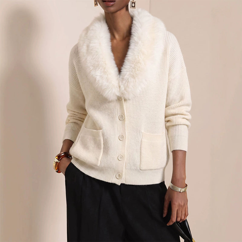 Relaxed Fit Faux Fur Collar Button Knit Cardigan White 1