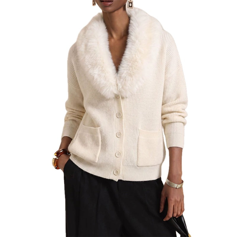 Relaxed Fit Faux Fur Collar Button Knit Cardigan on white