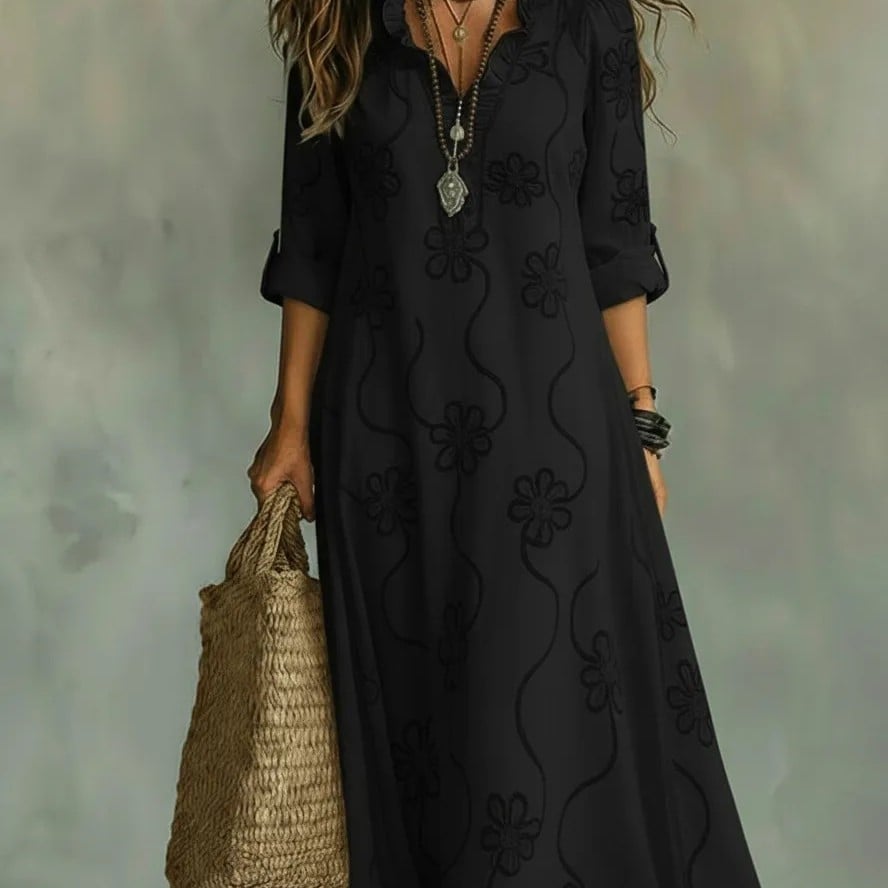 Relaxed Fit Floral Embroidered V Neck Maxi Dress Black 1