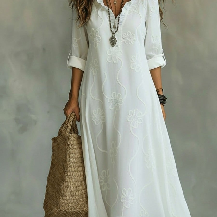 Relaxed Fit Floral Embroidered V Neck Maxi Dress White 1