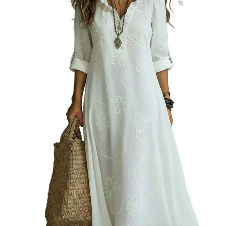 Relaxed Fit Floral Embroidered V Neck Maxi Dress on white