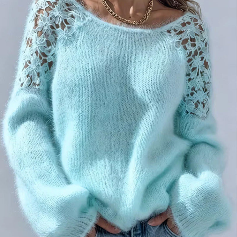Relaxed Fit Fuzzy Knit Sweater Crochet Lace Shoulders Aqua 1