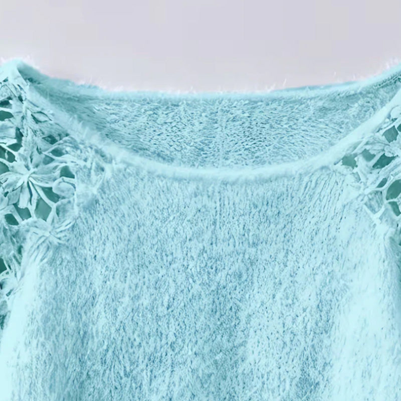 Relaxed Fit Fuzzy Knit Sweater Crochet Lace Shoulders Aqua 6