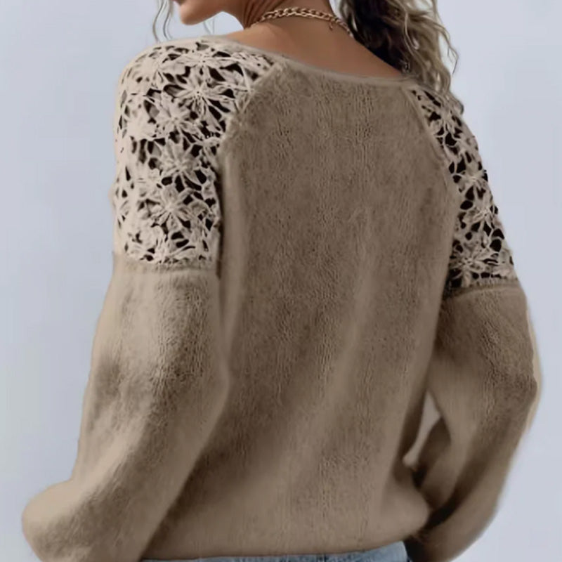 Relaxed Fit Fuzzy Knit Sweater Crochet Lace Shoulders Taupe 2