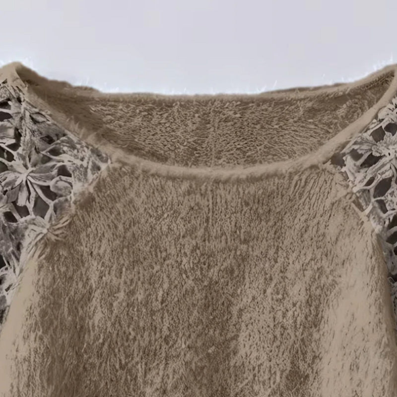 Relaxed Fit Fuzzy Knit Sweater Crochet Lace Shoulders Taupe 3