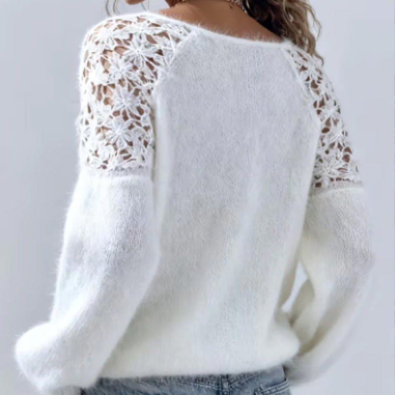 Relaxed Fit Fuzzy Knit Sweater Crochet Lace Shoulders White 2