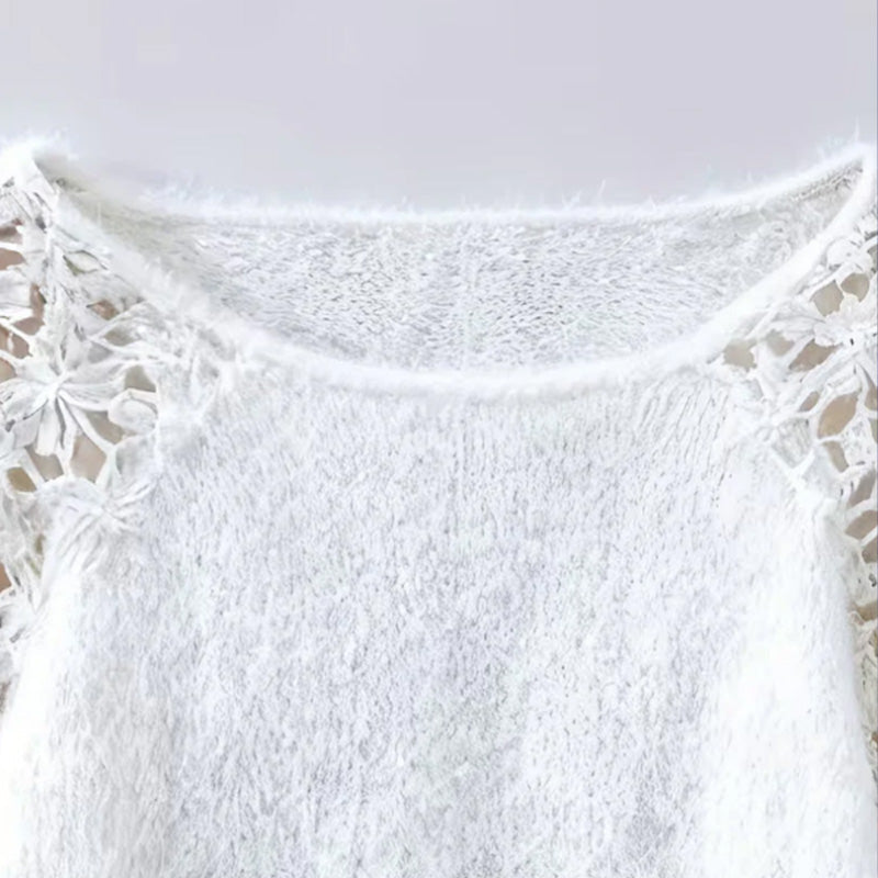 Relaxed Fit Fuzzy Knit Sweater Crochet Lace Shoulders White 3