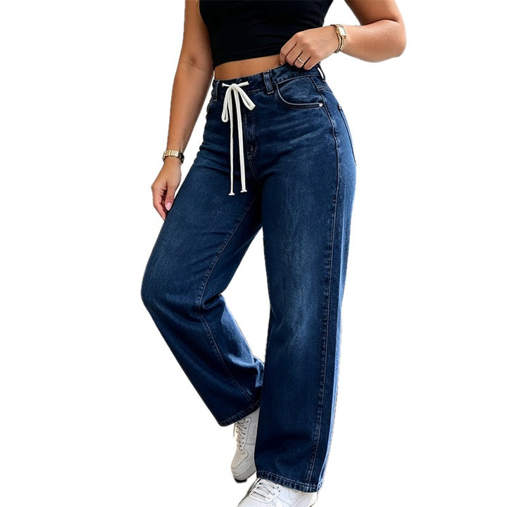 Relaxed Fit High Waist Drawstring Wide Leg Jeans on white