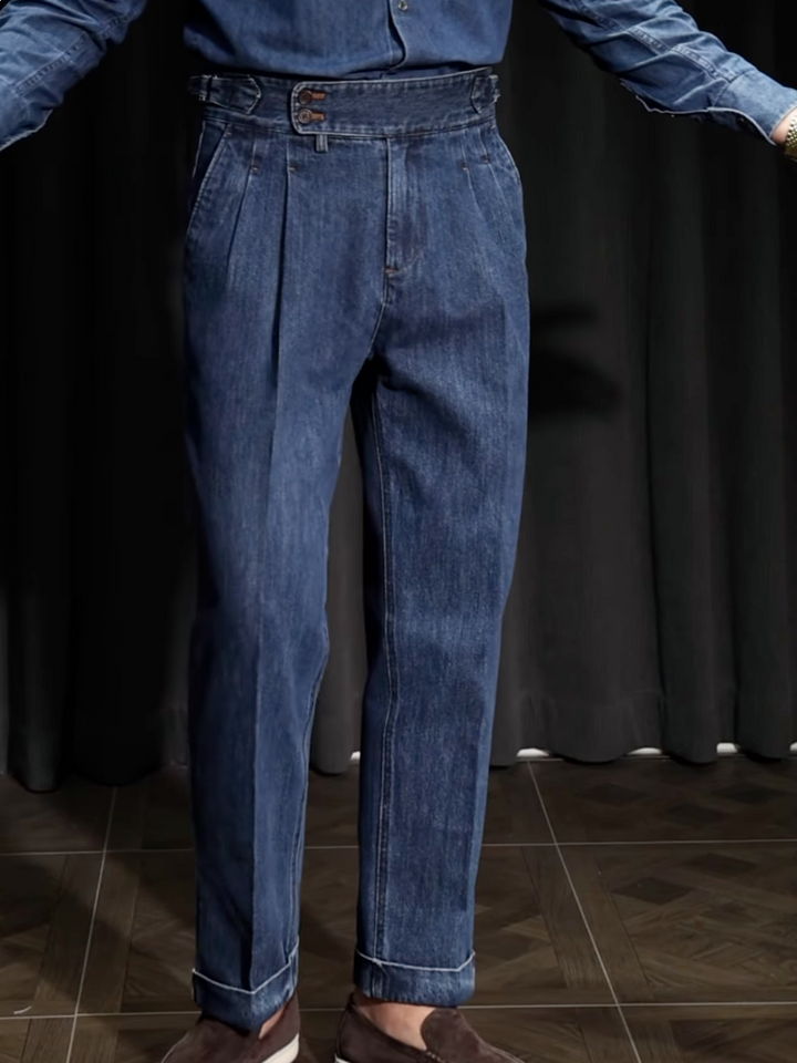 Relaxed Fit High Waist Pleated Straight Leg Jeans Blue 1