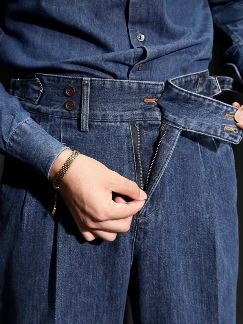 Relaxed Fit High Waist Pleated Straight Leg Jeans Blue 2