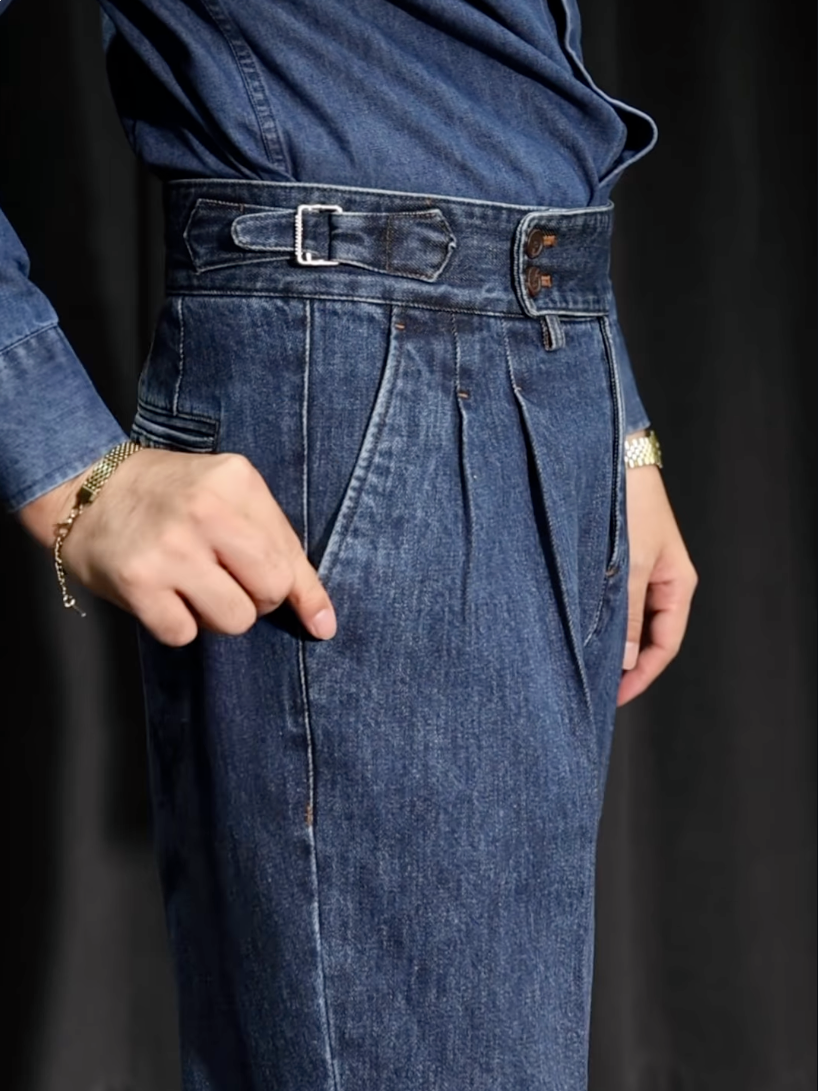 Relaxed Fit High Waist Pleated Straight Leg Jeans Blue 3