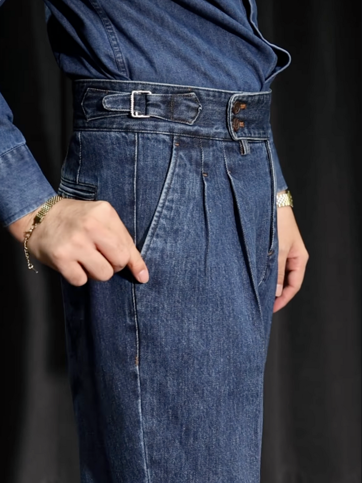 Relaxed Fit High Waist Pleated Straight Leg Jeans Blue 3