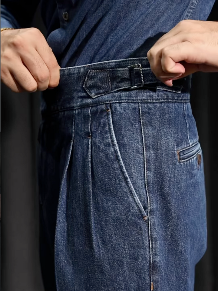 Relaxed Fit High Waist Pleated Straight Leg Jeans Blue 4