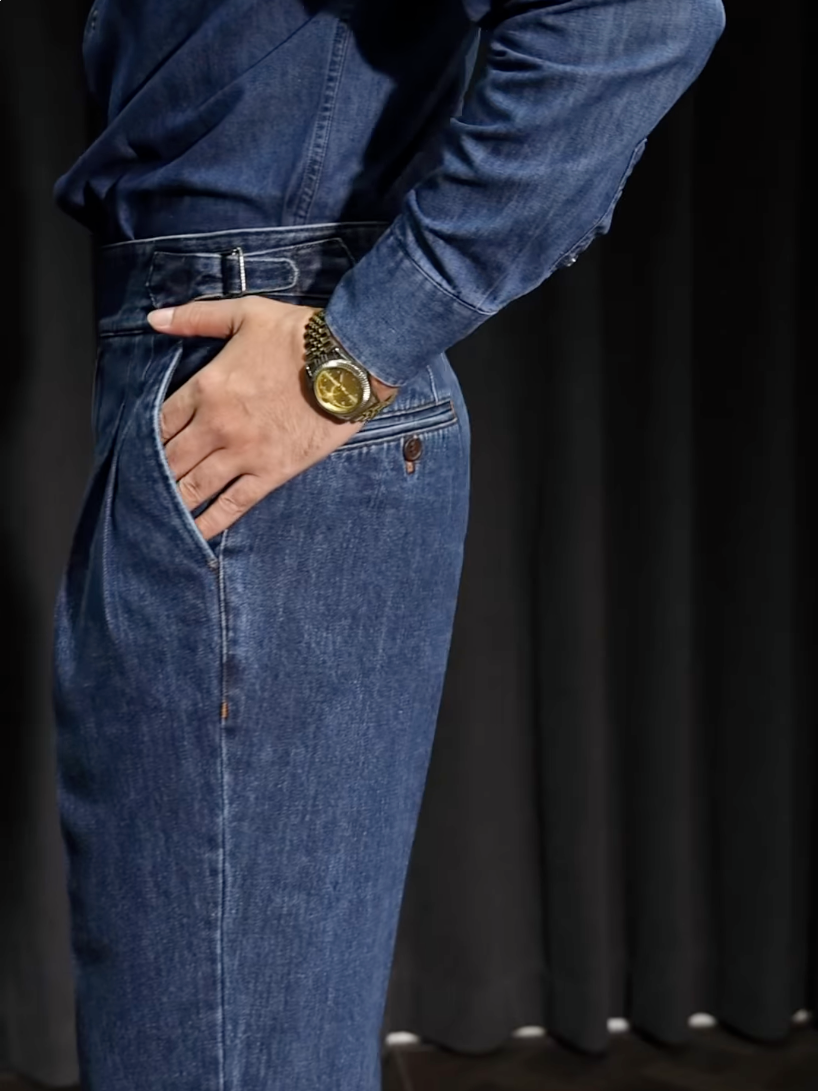 Relaxed Fit High Waist Pleated Straight Leg Jeans Blue 5