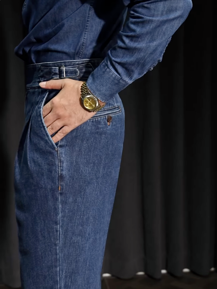 Relaxed Fit High Waist Pleated Straight Leg Jeans Blue 5