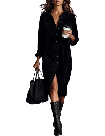 Relaxed Fit Lapel Midi Shirt Dress Button Front Black 1