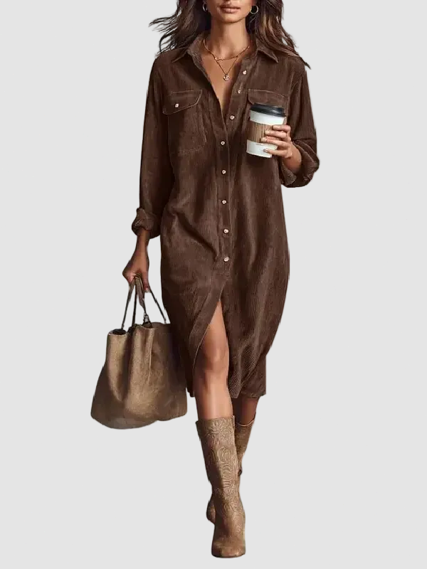Relaxed Fit Lapel Midi Shirt Dress Button Front Dark Brown 1