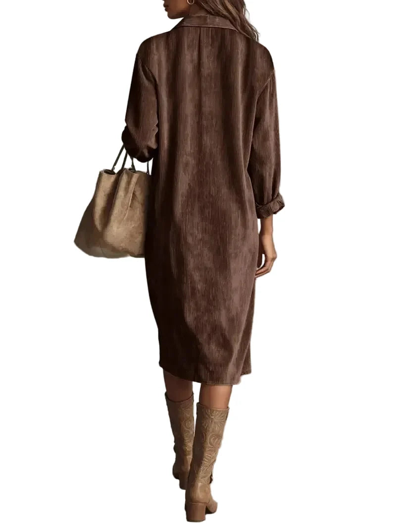 Relaxed Fit Lapel Midi Shirt Dress Button Front Dark Brown 2