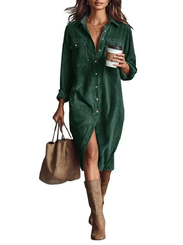 Relaxed Fit Lapel Midi Shirt Dress Button Front Dark Green 1