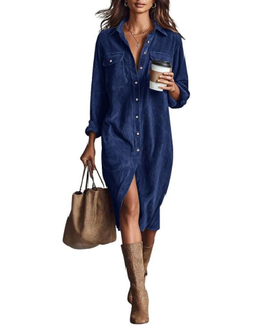Relaxed Fit Lapel Midi Shirt Dress Button Front Navy Blue 1