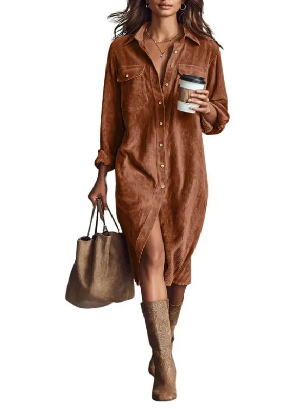 Relaxed Fit Lapel Midi Shirt Dress Button Front Rust Brown 1