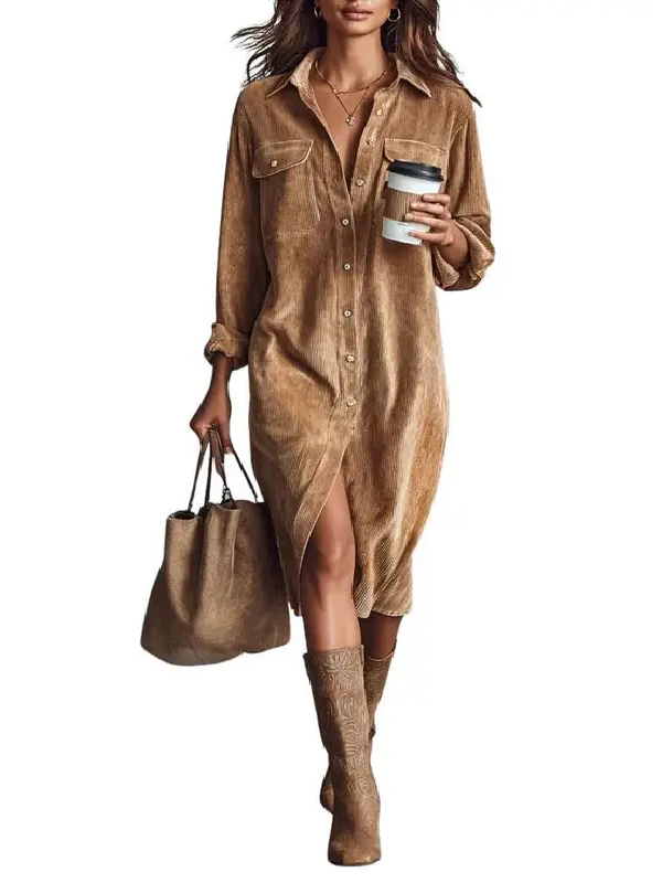 Relaxed Fit Lapel Midi Shirt Dress Button Front Tan 1
