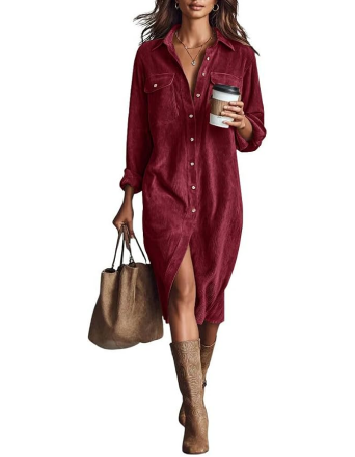 Relaxed Fit Lapel Midi Shirt Dress Button Front Wine Red 1