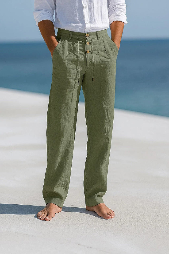 Relaxed Fit Linen Blend Drawstring Straight Leg Pants Army Green 1