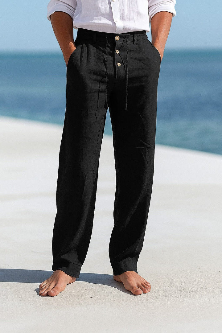 Relaxed Fit Linen Blend Drawstring Straight Leg Pants Black 1
