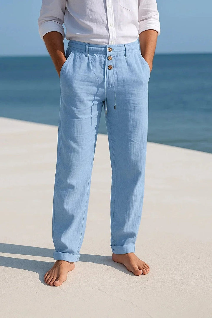 Relaxed Fit Linen Blend Drawstring Straight Leg Pants Blue 1