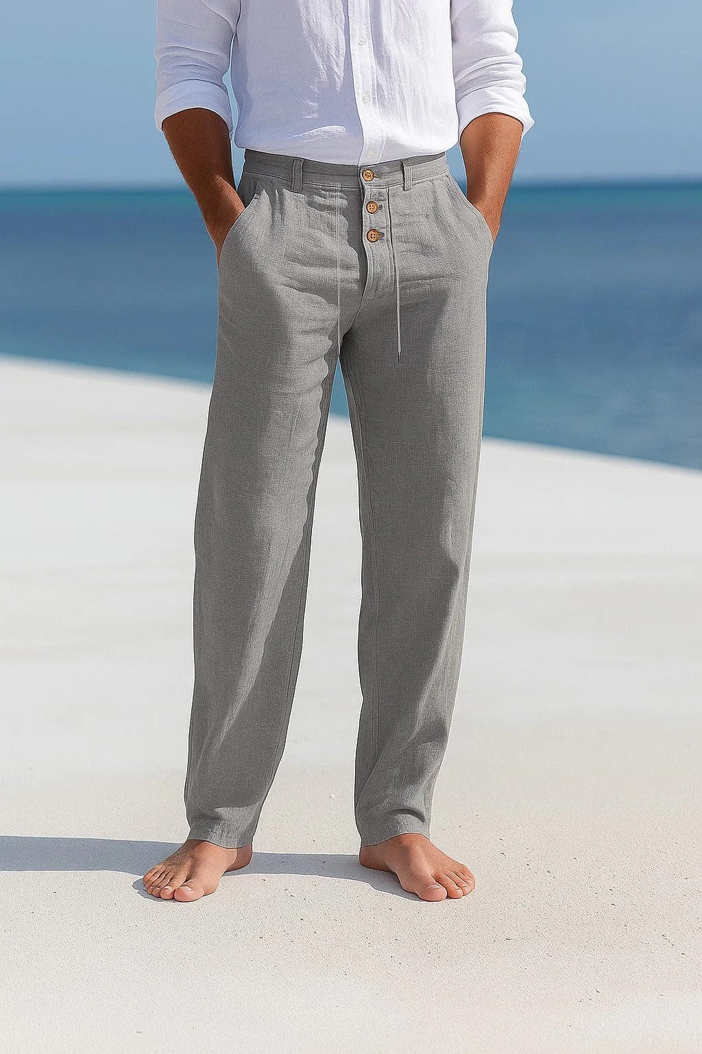 Relaxed Fit Linen Blend Drawstring Straight Leg Pants Gray 1