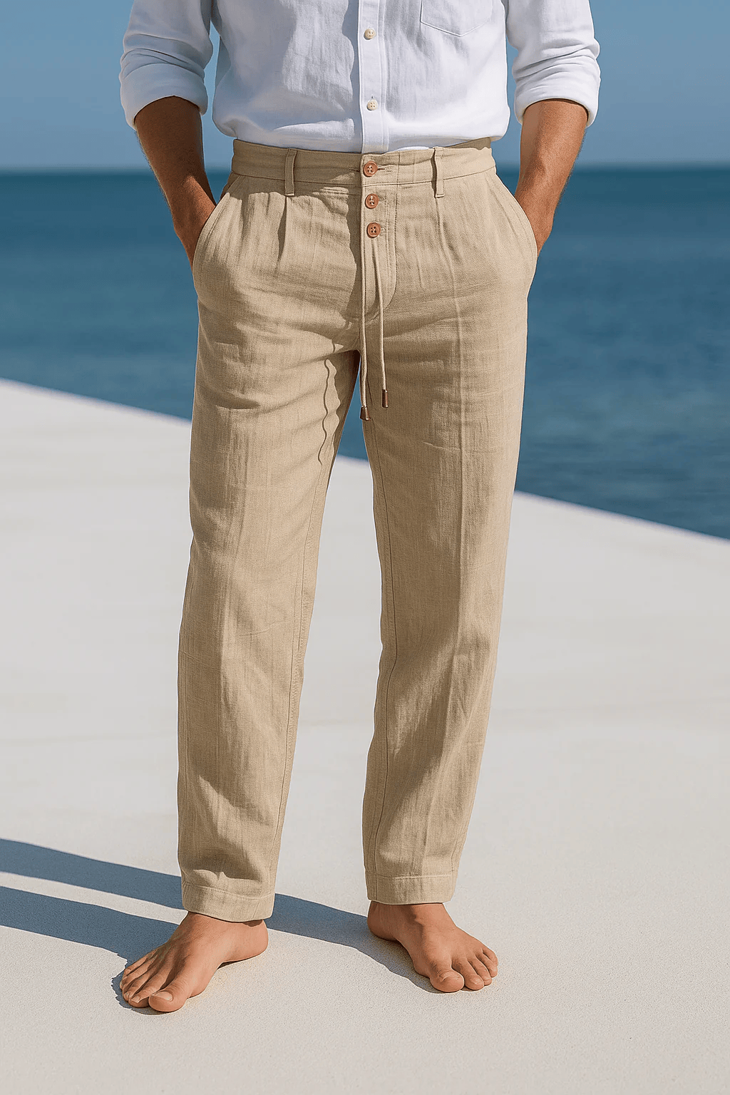Relaxed Fit Linen Blend Drawstring Straight Leg Pants Khaki 1