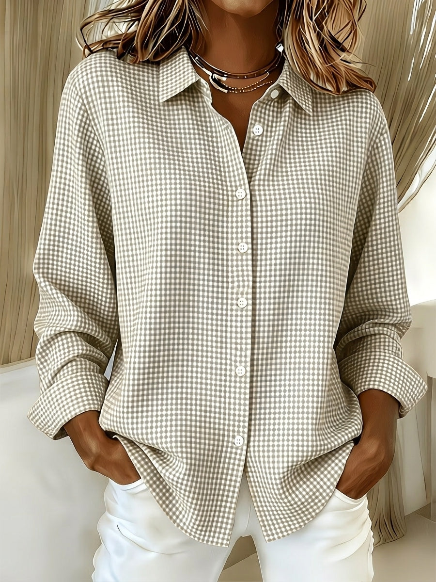 Relaxed Fit Linen Cotton Gingham Long Sleeve Button Down Shirt Beige 1