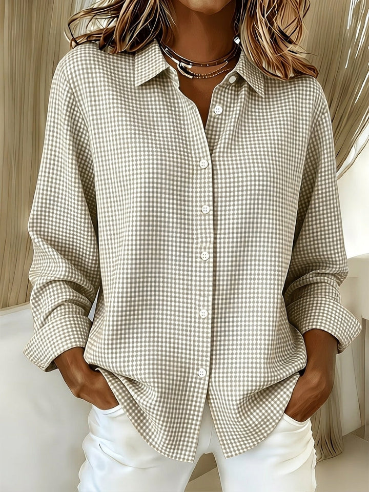 Relaxed Fit Linen Cotton Gingham Long Sleeve Button Down Shirt Beige 1