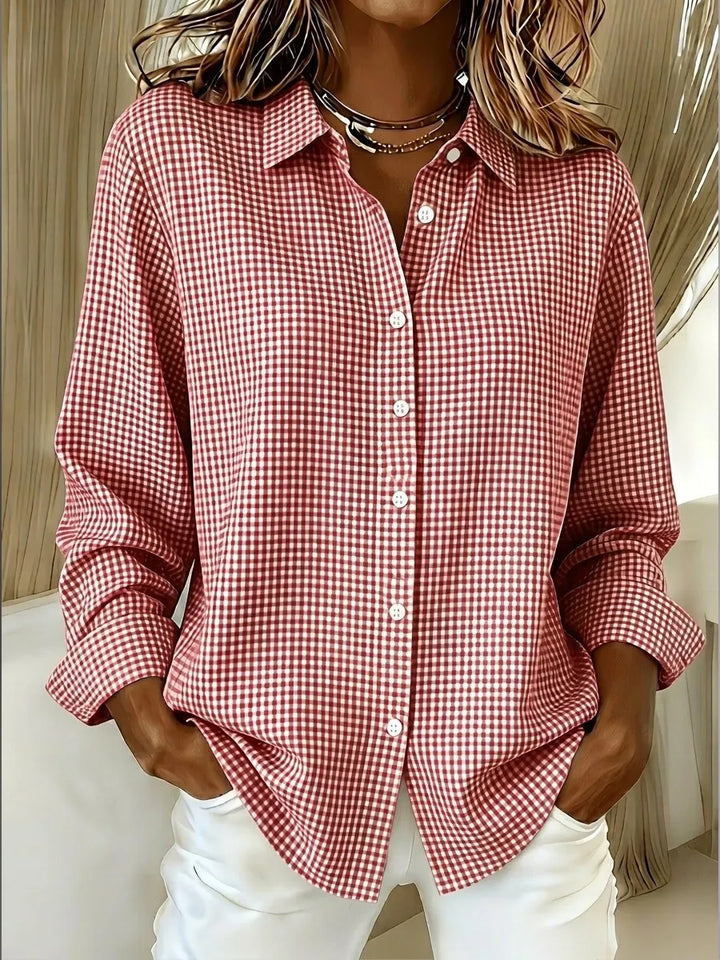 Relaxed Fit Linen Cotton Gingham Long Sleeve Button Down Shirt Dusty Rose 1