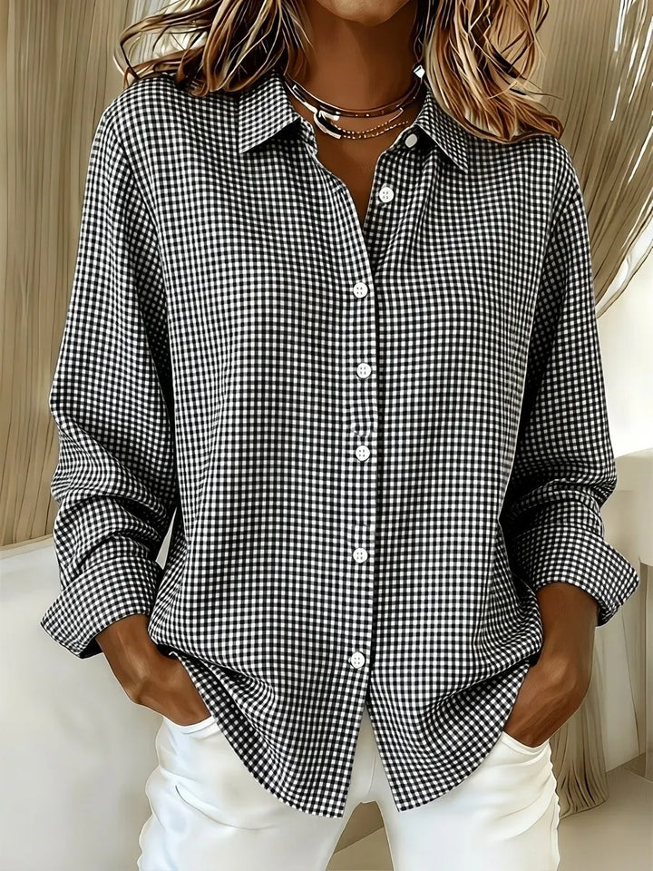 Relaxed Fit Linen Cotton Gingham Long Sleeve Button Down Shirt Gray 1