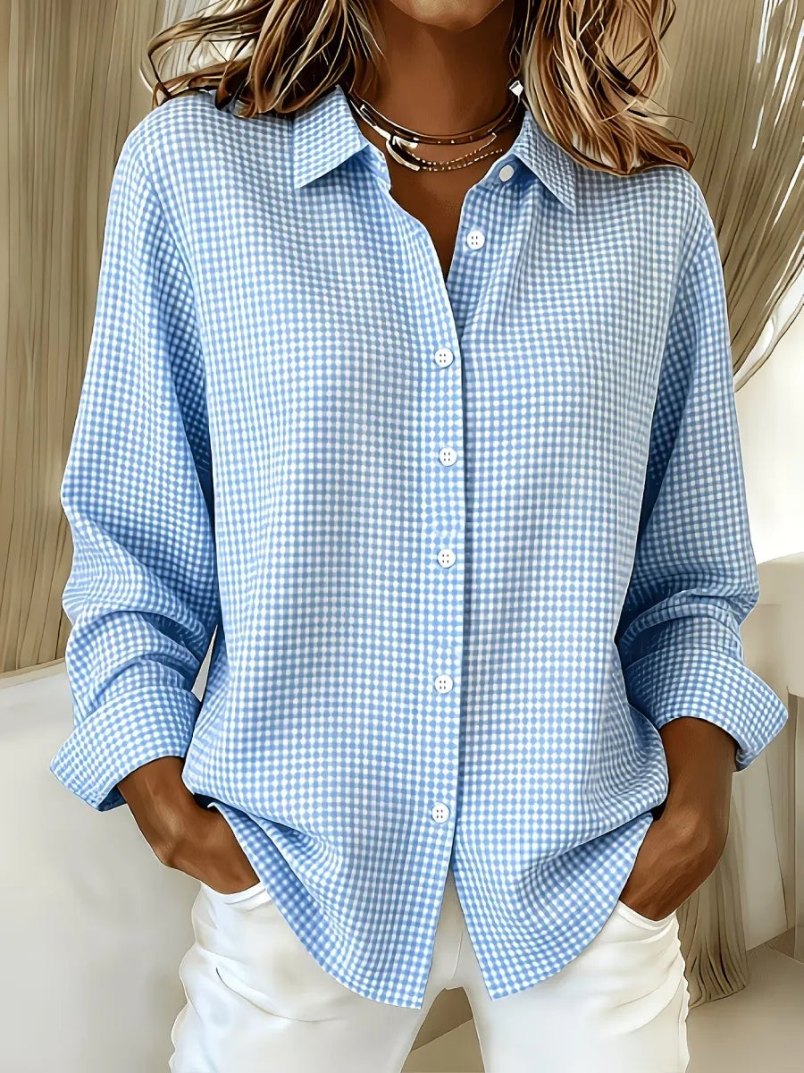 Relaxed Fit Linen Cotton Gingham Long Sleeve Button Down Shirt Light Blue 1